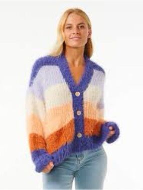Rip Curl Fuzzy Stripe Cardigan Size S Cozy Boho Coastal Grandma FP Style